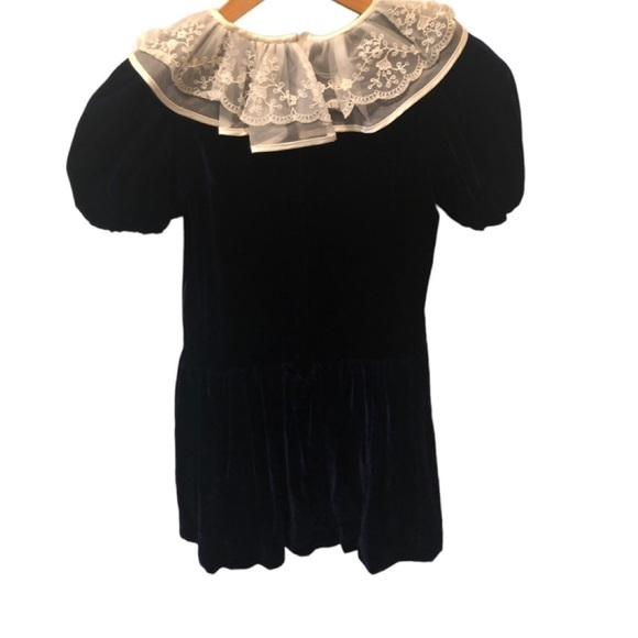 Vintage VTG Girls Bambina Silk Velvet Midnight Blue Dress SS Lace Yolk 6X Flaw - Picture 2 of 8